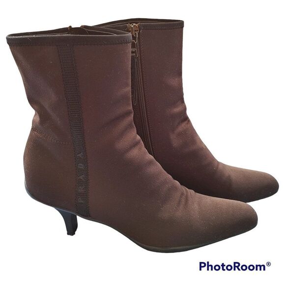 Prada Vintage BROWN Booties Nylon Sateen Spellout Logo Block Ankle Kitten Heel - Picture 1 of 15